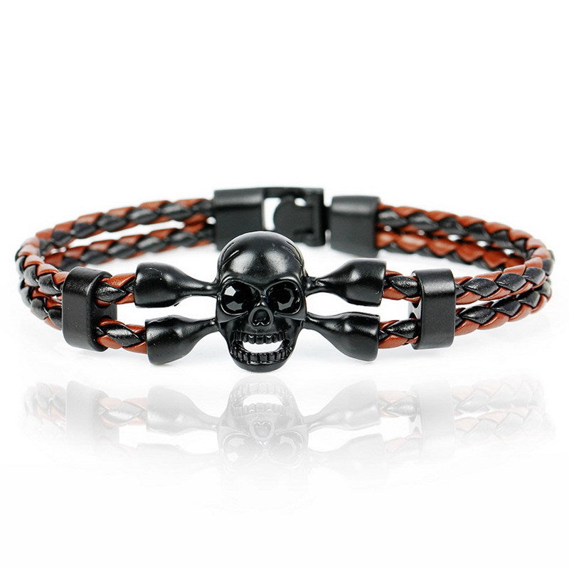 Skull leather braided bracelet