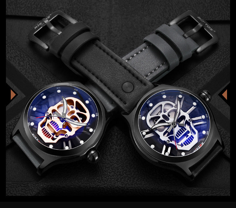 Genuine Leather Hollow Skull Watch