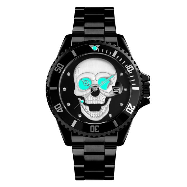 SKMEI Men's Skull Quartz Watch Men Skeleton Creative Watches Stainless Steel Male Clock Waterproof Wristwatch Relogio Masculino