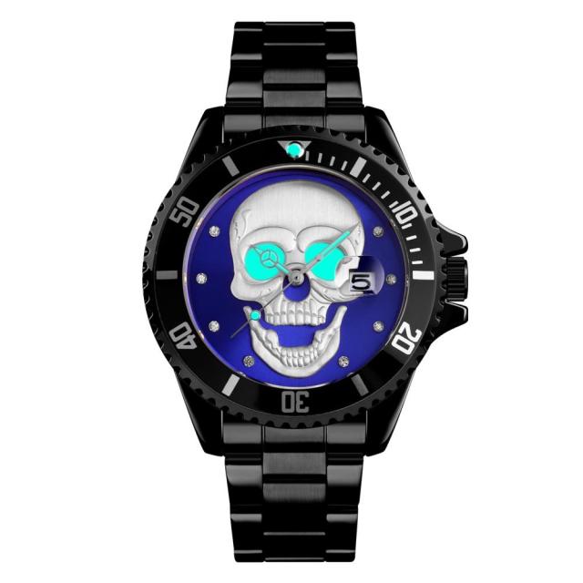 SKMEI Men's Skull Quartz Watch Men Skeleton Creative Watches Stainless Steel Male Clock Waterproof Wristwatch Relogio Masculino