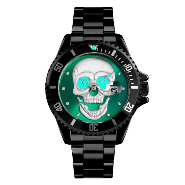 SKMEI Men's Skull Quartz Watch Men Skeleton Creative Watches Stainless Steel Male Clock Waterproof Wristwatch Relogio Masculino