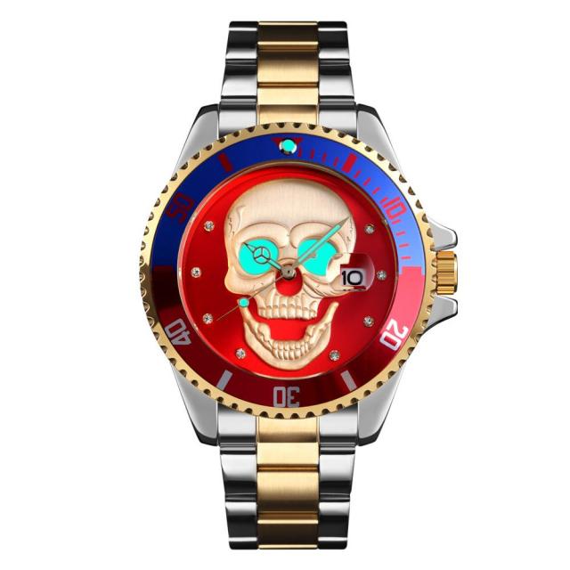 SKMEI Men's Skull Quartz Watch Men Skeleton Creative Watches Stainless Steel Male Clock Waterproof Wristwatch Relogio Masculino