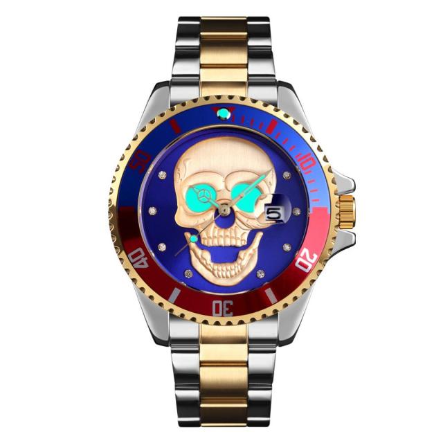 SKMEI Men's Skull Quartz Watch Men Skeleton Creative Watches Stainless Steel Male Clock Waterproof Wristwatch Relogio Masculino