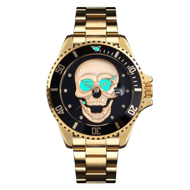 SKMEI Men's Skull Quartz Watch Men Skeleton Creative Watches Stainless Steel Male Clock Waterproof Wristwatch Relogio Masculino