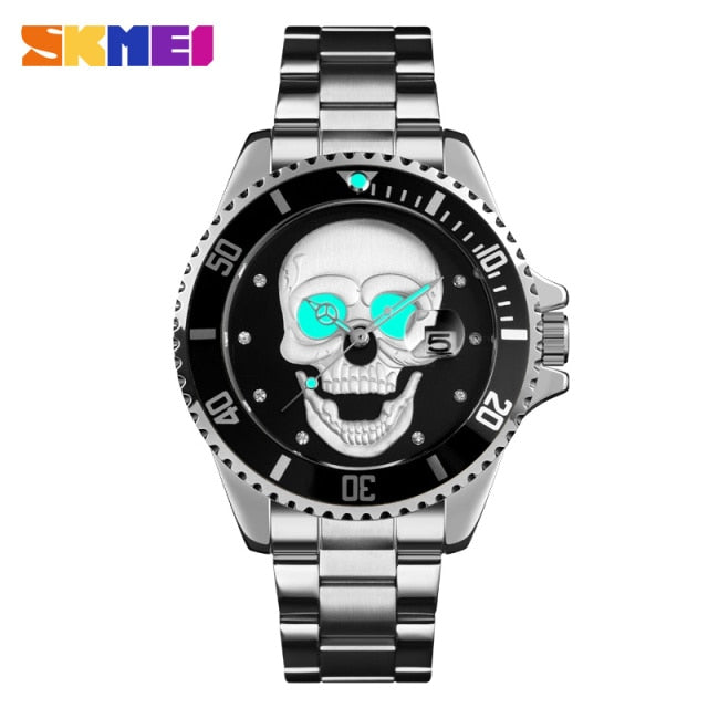 SKMEI Men's Skull Quartz Watch Men Skeleton Creative Watches Stainless Steel Male Clock Waterproof Wristwatch Relogio Masculino