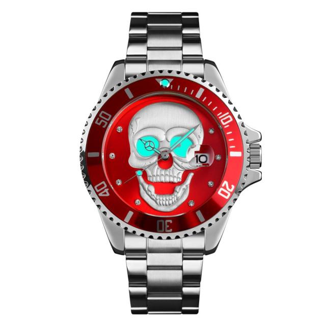 SKMEI Men's Skull Quartz Watch Men Skeleton Creative Watches Stainless Steel Male Clock Waterproof Wristwatch Relogio Masculino