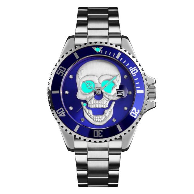 SKMEI Men's Skull Quartz Watch Men Skeleton Creative Watches Stainless Steel Male Clock Waterproof Wristwatch Relogio Masculino