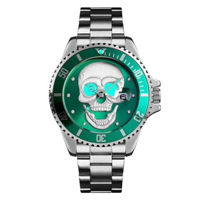 SKMEI Men's Skull Quartz Watch Men Skeleton Creative Watches Stainless Steel Male Clock Waterproof Wristwatch Relogio Masculino