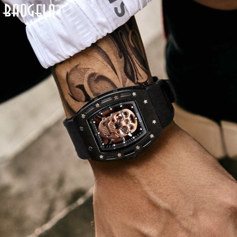 Baogela Pirate Skull Style Men Watch Silicone Luminous Quartz Watches Military Wateproof Skeleton Wristwatch For Man 1612