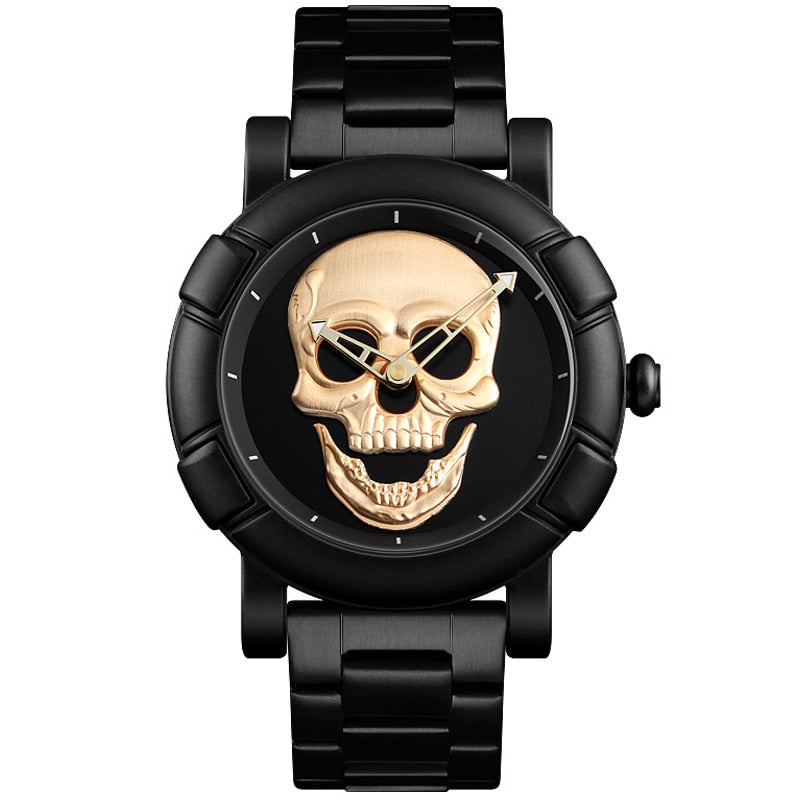 Black Gold Dial Quartz Watch Men 3D Skull Head Pattern Stainless Steel Steampunk Rock Engraved Cool Mexico Man Male reloj hombre