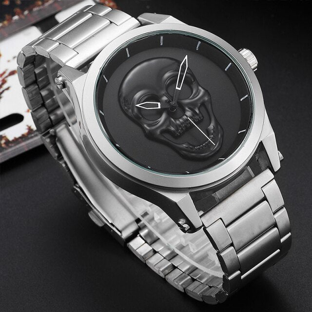 Black Gold Dial Quartz Watch Men 3D Skull Head Pattern Stainless Steel Steampunk Rock Engraved Cool Mexico Man Male reloj hombre