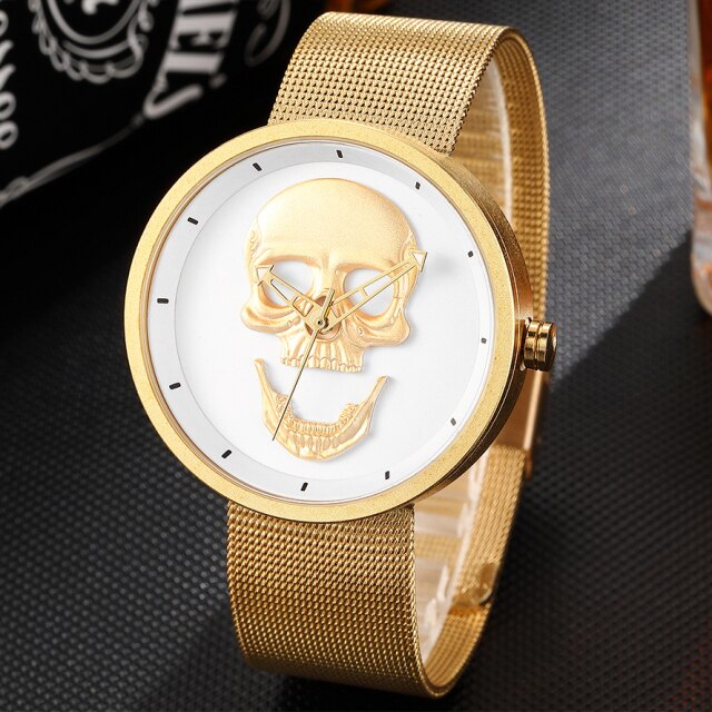 Black Gold Dial Quartz Watch Men 3D Skull Head Pattern Stainless Steel Steampunk Rock Engraved Cool Mexico Man Male reloj hombre