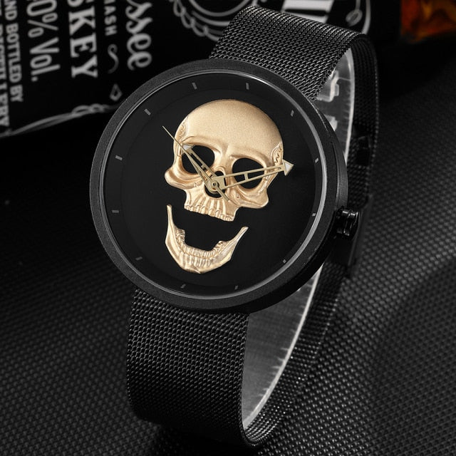 Black Gold Dial Quartz Watch Men 3D Skull Head Pattern Stainless Steel Steampunk Rock Engraved Cool Mexico Man Male reloj hombre