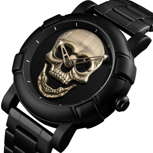 Black Gold Dial Quartz Watch Men 3D Skull Head Pattern Stainless Steel Steampunk Rock Engraved Cool Mexico Man Male reloj hombre