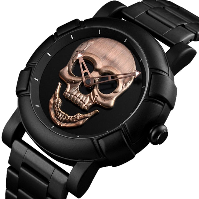 Black Gold Dial Quartz Watch Men 3D Skull Head Pattern Stainless Steel Steampunk Rock Engraved Cool Mexico Man Male reloj hombre