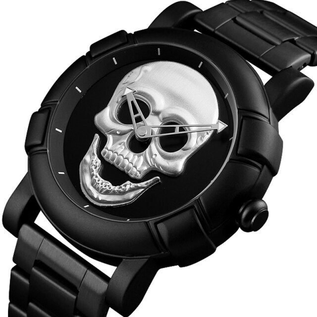 Black Gold Dial Quartz Watch Men 3D Skull Head Pattern Stainless Steel Steampunk Rock Engraved Cool Mexico Man Male reloj hombre