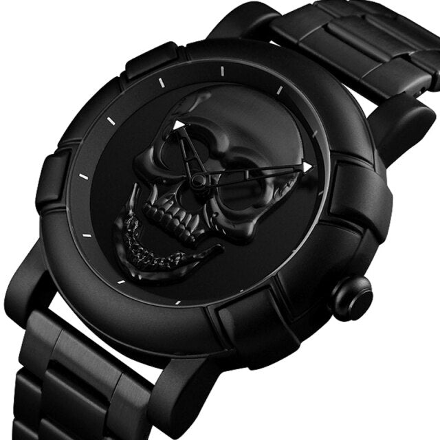 Black Gold Dial Quartz Watch Men 3D Skull Head Pattern Stainless Steel Steampunk Rock Engraved Cool Mexico Man Male reloj hombre