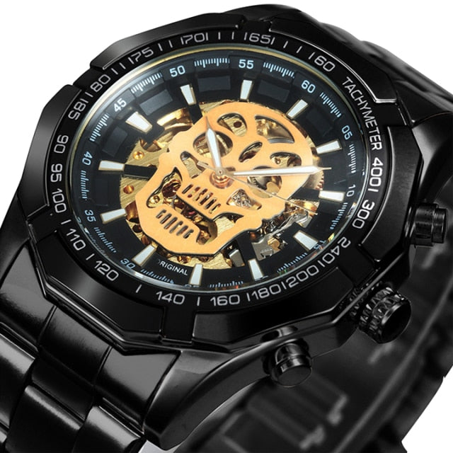 WINNER Official Mens Watches Top Brand Luxury Automatic Mechanical Watch Men Steel Strap Hip Hop Skull Skeleton Dial Wrist Watch