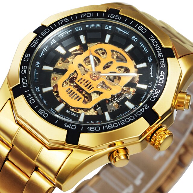 WINNER Official Mens Watches Top Brand Luxury Automatic Mechanical Watch Men Steel Strap Hip Hop Skull Skeleton Dial Wrist Watch