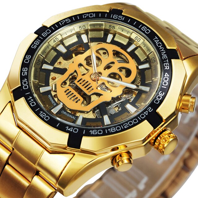 WINNER Official Mens Watches Top Brand Luxury Automatic Mechanical Watch Men Steel Strap Hip Hop Skull Skeleton Dial Wrist Watch