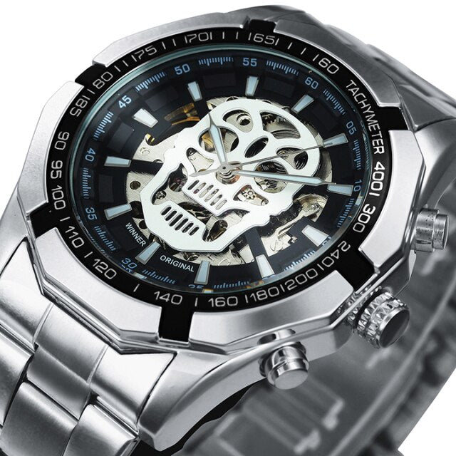 WINNER Official Mens Watches Top Brand Luxury Automatic Mechanical Watch Men Steel Strap Hip Hop Skull Skeleton Dial Wrist Watch