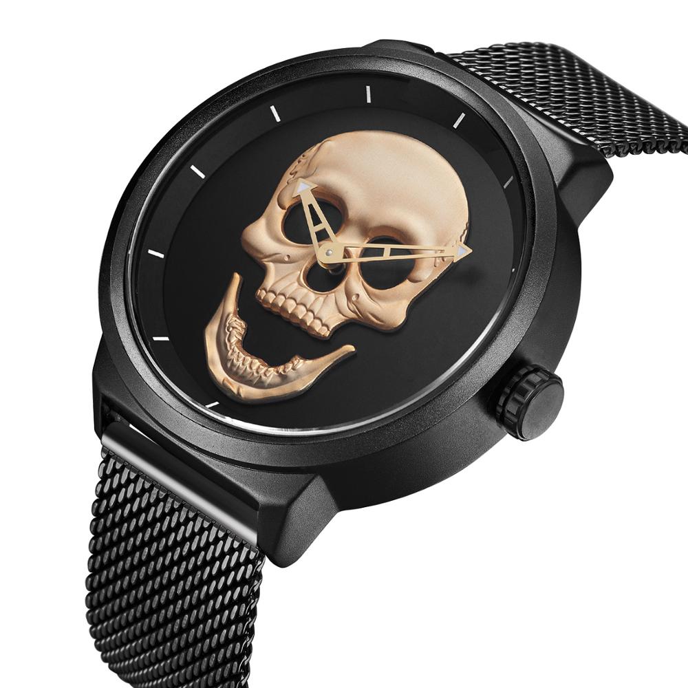 Fashion Skeleton Casual Men's Watches Top Brand Black Stainless Steel Gold Skull Pattern Cool Stylish Quartz Male Wristwatch