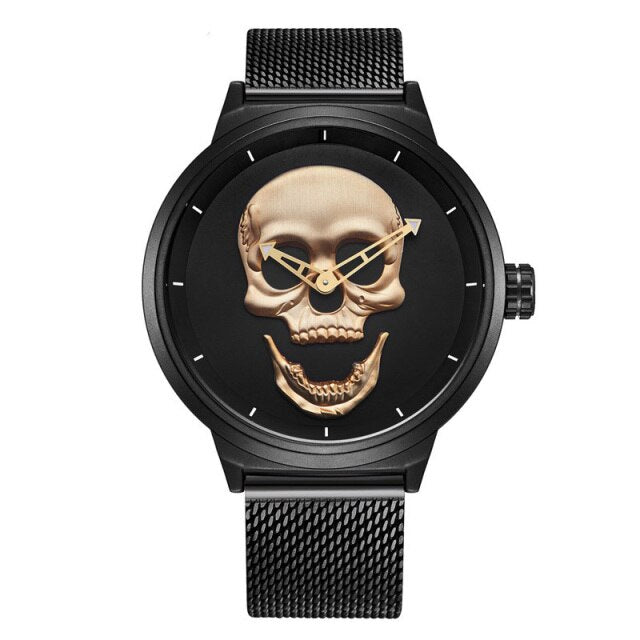 Fashion Skeleton Casual Men's Watches Top Brand Black Stainless Steel Gold Skull Pattern Cool Stylish Quartz Male Wristwatch