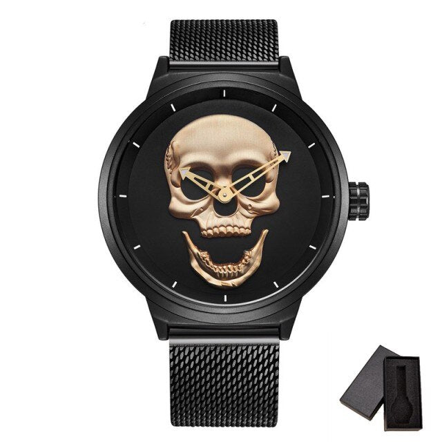 Fashion Skeleton Casual Men's Watches Top Brand Black Stainless Steel Gold Skull Pattern Cool Stylish Quartz Male Wristwatch