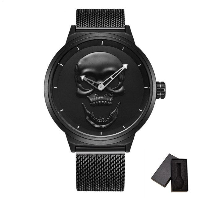 Fashion Skeleton Casual Men's Watches Top Brand Black Stainless Steel Gold Skull Pattern Cool Stylish Quartz Male Wristwatch