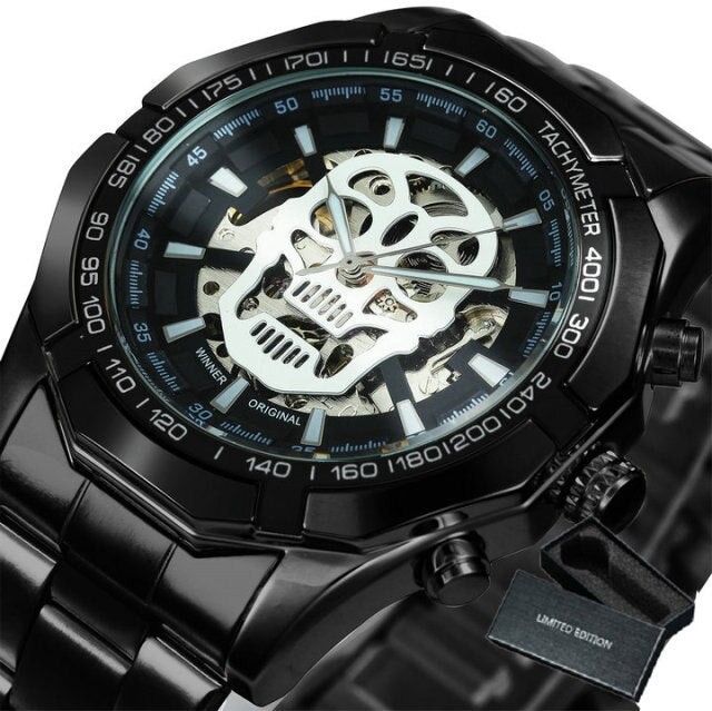 WINNER Official Mens Watches Top Brand Luxury Automatic Mechanical Watch Men Steel Strap Hip Hop Skull Skeleton Dial Wrist Watch