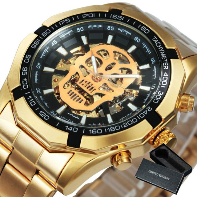 WINNER Official Mens Watches Top Brand Luxury Automatic Mechanical Watch Men Steel Strap Hip Hop Skull Skeleton Dial Wrist Watch