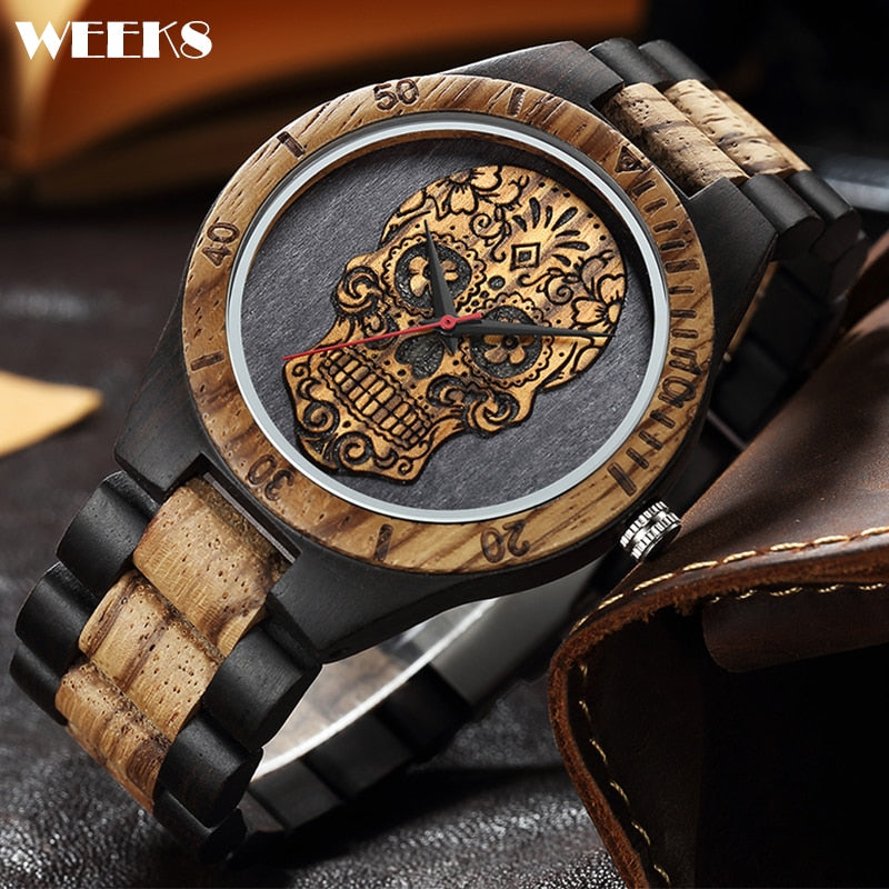 Brown Zebra Wood Watch Men Watches Wooden Strap Band Quartz Male Wristwatch Pirate Skull Engraved Men's Clock reloj de madera