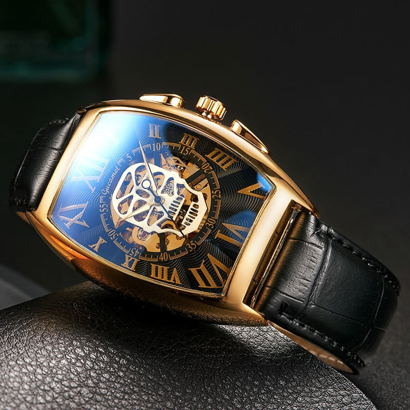 New Watch Men Fashion Leather Strap Tonneau Tourbillon Skull Hollow Automatic Mechanical Watches For Man Male Gift Drop Shipping