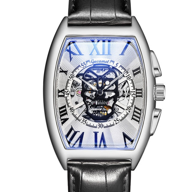 New Watch Men Fashion Leather Strap Tonneau Tourbillon Skull Hollow Automatic Mechanical Watches For Man Male Gift Drop Shipping