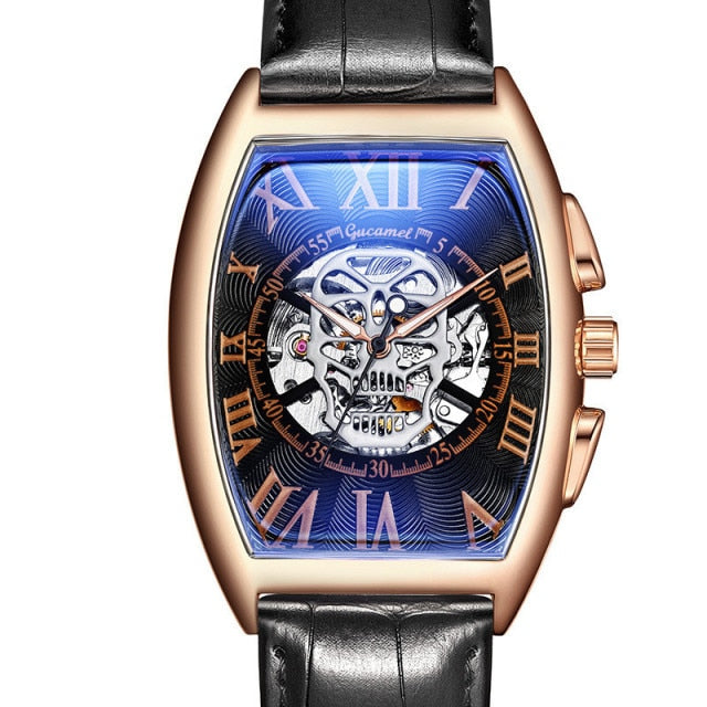 New Watch Men Fashion Leather Strap Tonneau Tourbillon Skull Hollow Automatic Mechanical Watches For Man Male Gift Drop Shipping