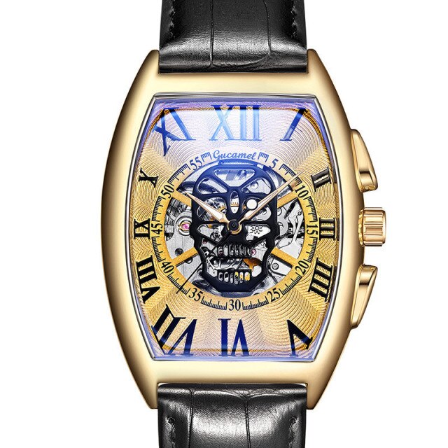 New Watch Men Fashion Leather Strap Tonneau Tourbillon Skull Hollow Automatic Mechanical Watches For Man Male Gift Drop Shipping