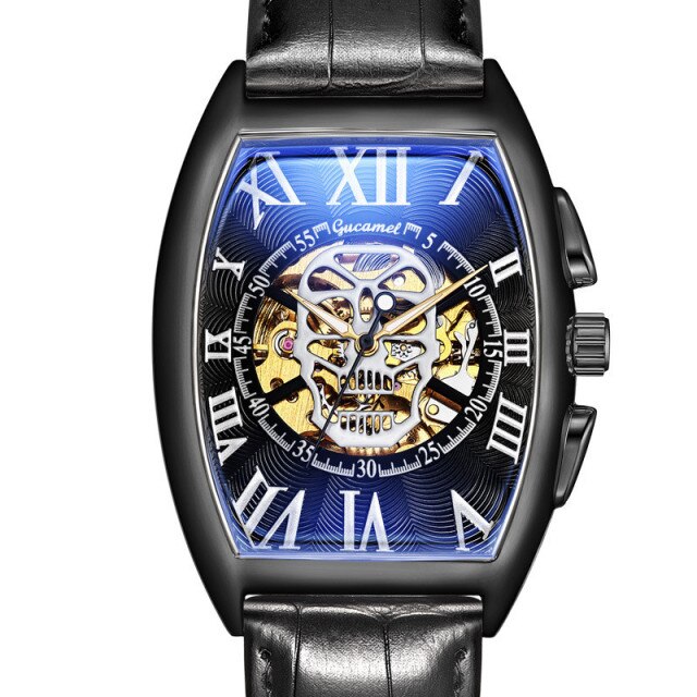 New Watch Men Fashion Leather Strap Tonneau Tourbillon Skull Hollow Automatic Mechanical Watches For Man Male Gift Drop Shipping