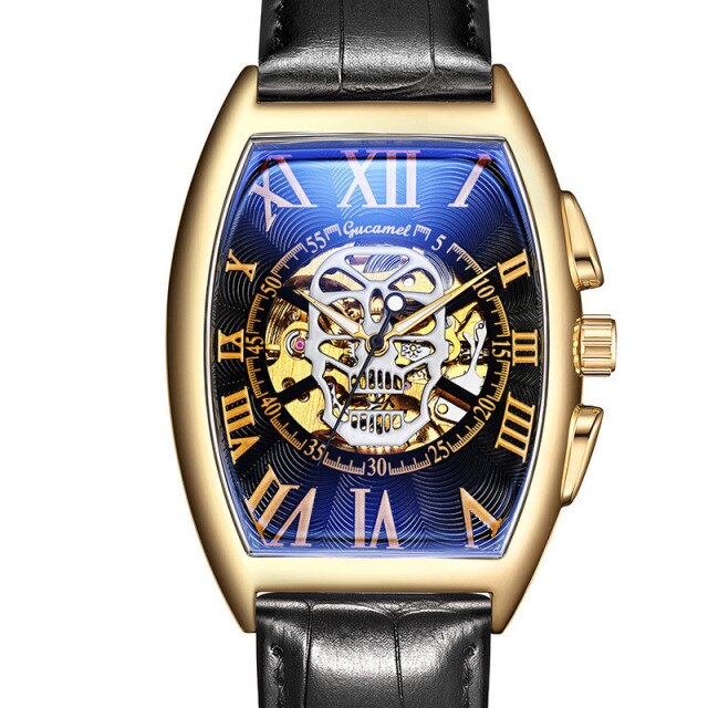 New Watch Men Fashion Leather Strap Tonneau Tourbillon Skull Hollow Automatic Mechanical Watches For Man Male Gift Drop Shipping