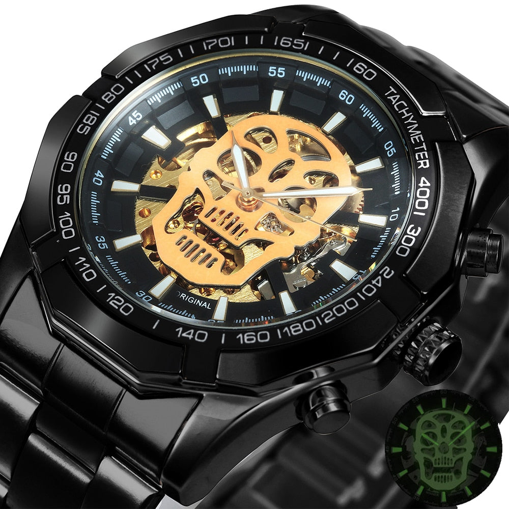 WINNER Official Mens Watches Top Brand Luxury Automatic Mechanical Watch Men Steel Strap Hip Hop Skull Skeleton Dial Wrist Watch