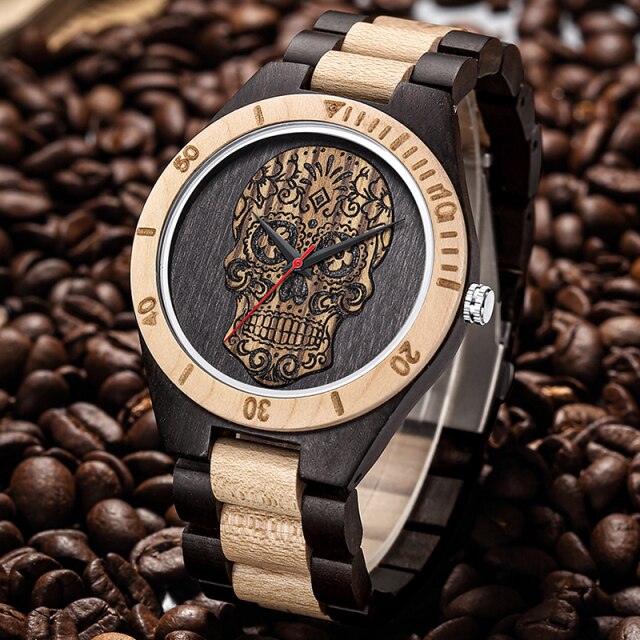 Brown Zebra Wood Watch Men Watches Wooden Strap Band Quartz Male Wristwatch Pirate Skull Engraved Men's Clock reloj de madera