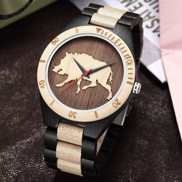 Brown Zebra Wood Watch Men Watches Wooden Strap Band Quartz Male Wristwatch Pirate Skull Engraved Men's Clock reloj de madera