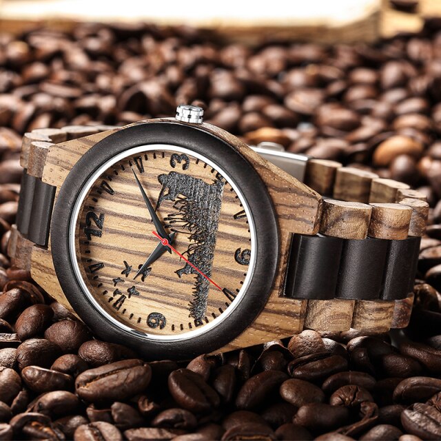 Brown Zebra Wood Watch Men Watches Wooden Strap Band Quartz Male Wristwatch Pirate Skull Engraved Men's Clock reloj de madera