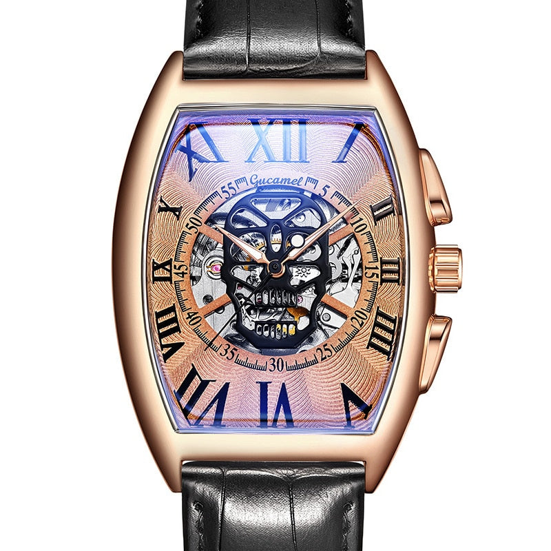 Fashion Skull Mechancial Watch Tonneu Men Creative Hollow Skeleton Automatic Self Winding Mechanical Wristwatch Steampunk Clock