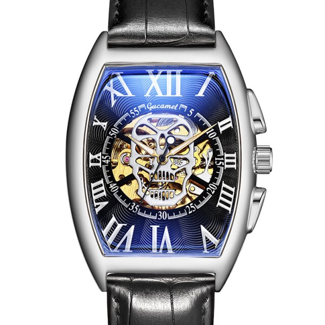 Fashion Skull Mechancial Watch Tonneu Men Creative Hollow Skeleton Automatic Self Winding Mechanical Wristwatch Steampunk Clock