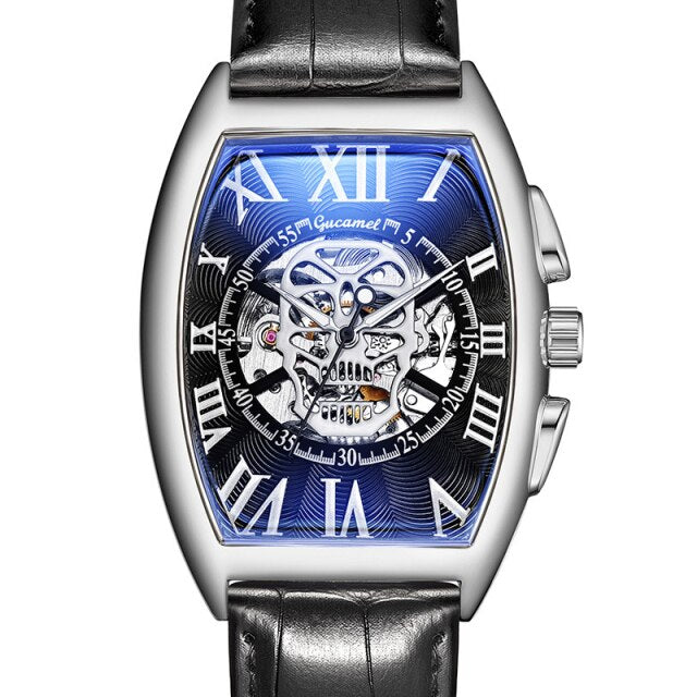 Fashion Skull Mechancial Watch Tonneu Men Creative Hollow Skeleton Automatic Self Winding Mechanical Wristwatch Steampunk Clock