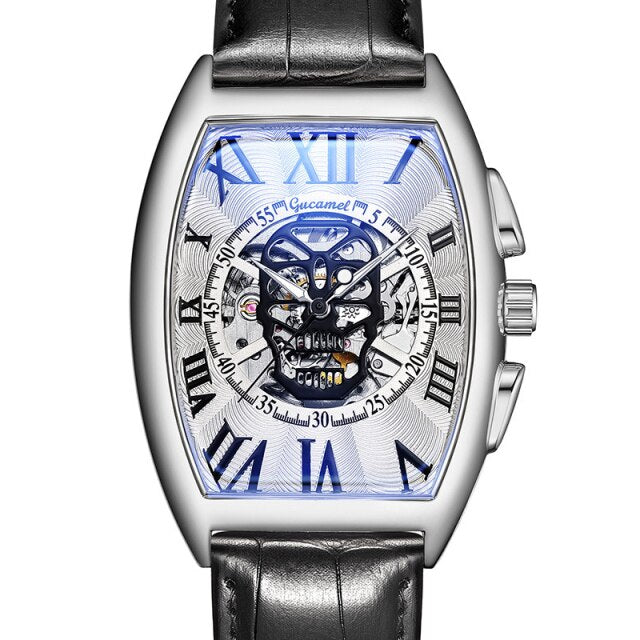 Fashion Skull Mechancial Watch Tonneu Men Creative Hollow Skeleton Automatic Self Winding Mechanical Wristwatch Steampunk Clock