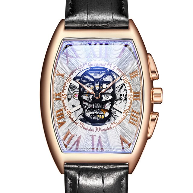 Fashion Skull Mechancial Watch Tonneu Men Creative Hollow Skeleton Automatic Self Winding Mechanical Wristwatch Steampunk Clock