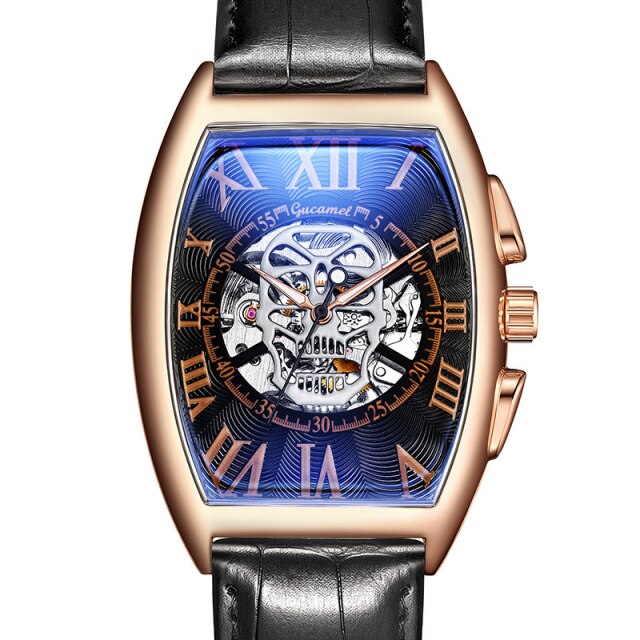 Fashion Skull Mechancial Watch Tonneu Men Creative Hollow Skeleton Automatic Self Winding Mechanical Wristwatch Steampunk Clock