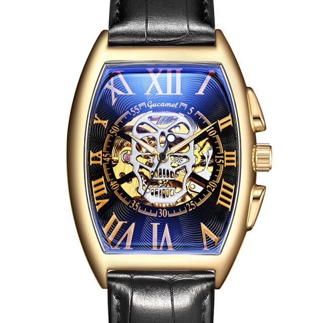 Fashion Skull Mechancial Watch Tonneu Men Creative Hollow Skeleton Automatic Self Winding Mechanical Wristwatch Steampunk Clock