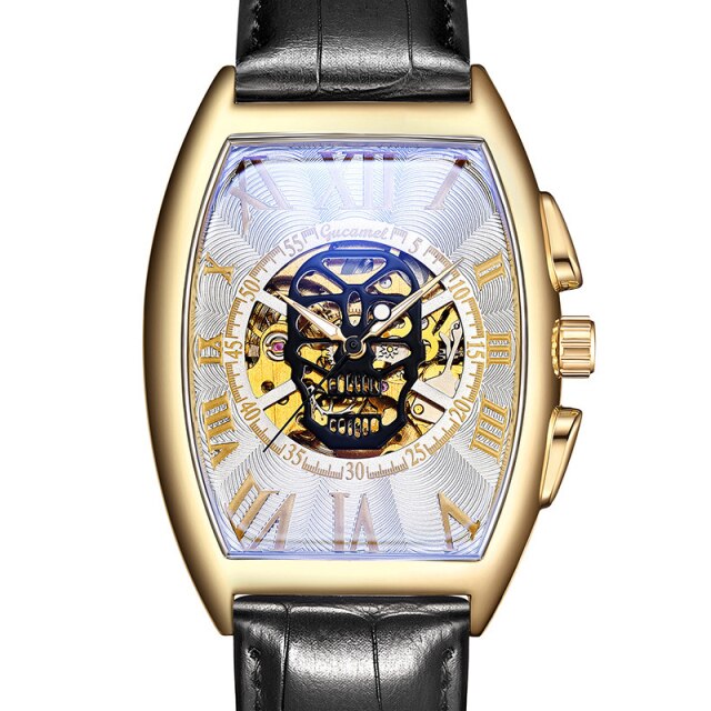 Fashion Skull Mechancial Watch Tonneu Men Creative Hollow Skeleton Automatic Self Winding Mechanical Wristwatch Steampunk Clock